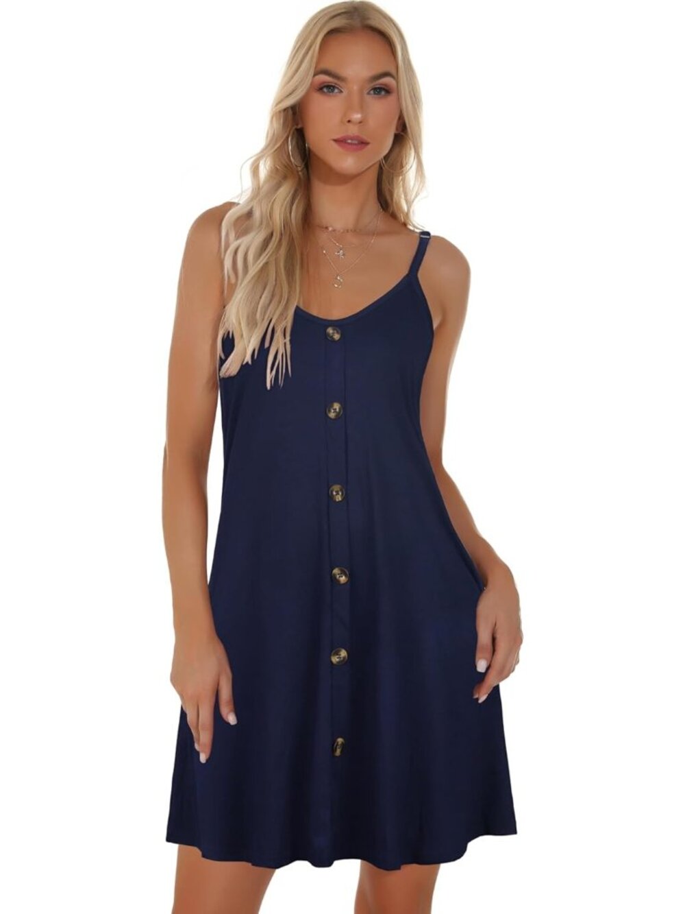 Women's Navy Summer Dresses Spaghetti Strap Button Down V Neck Sundress Beach - Picture 3 of 7